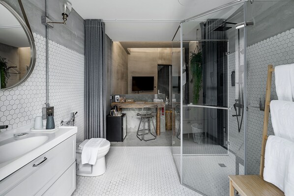 A modern bathroom with a glass shower enclosure, a large mirror, and a white sink.