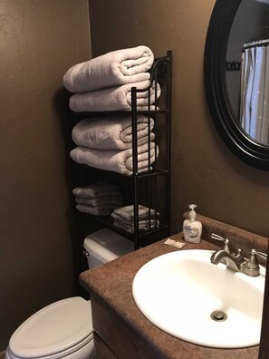 A bathroom with a white sink, a black towel rack with folded towels, a bottle of hand soap, and a toilet. - Redcloud Getaway - Great Property Along the Lake Fork of the Gunnison with Direct Access to Trails (Lake City)