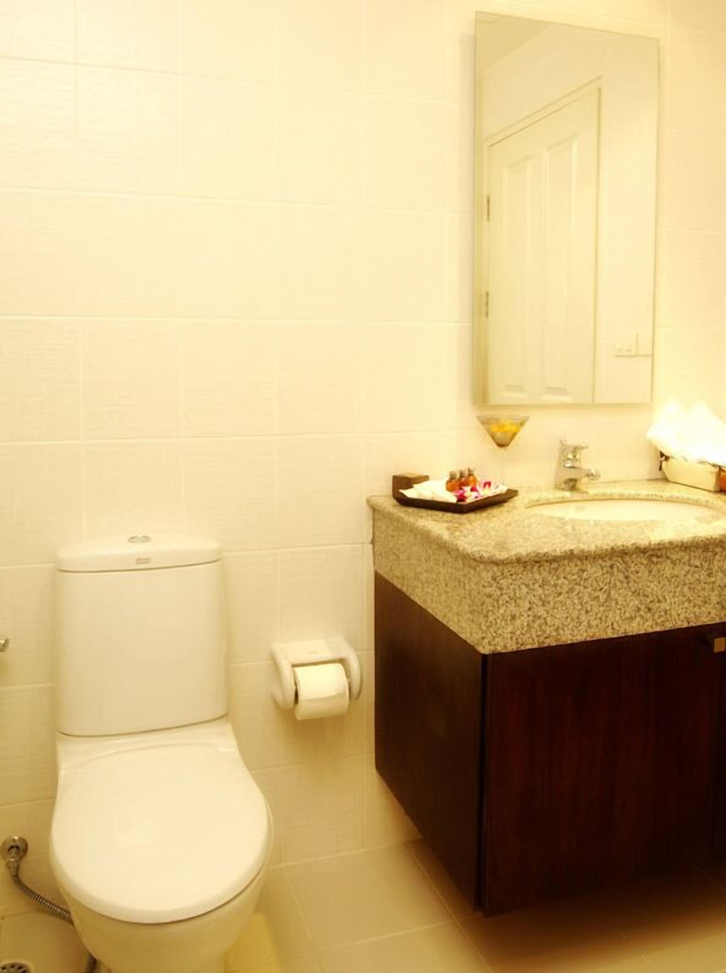A bathroom with a toilet, a sink, and a mirror.