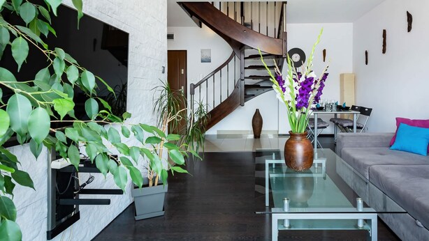 A modern living room with a glass coffee table, a sofa, a staircase, and potted plants.