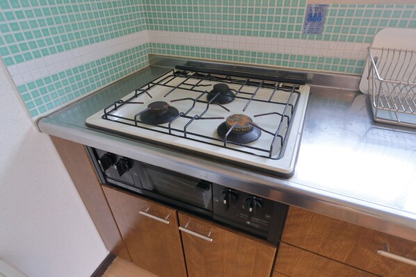 Une cuisine équipée d’une cuisinière à gaz, d’un lave-vaisselle et de meubles de rangement en bois.