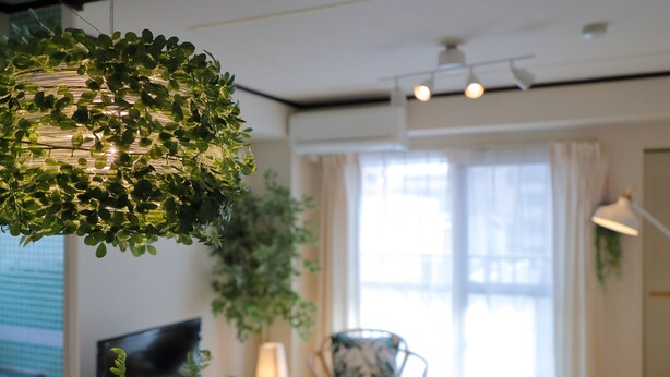 Une chambre à coucher moderne avec un lit, une chaise, un bureau et une plante suspendue.