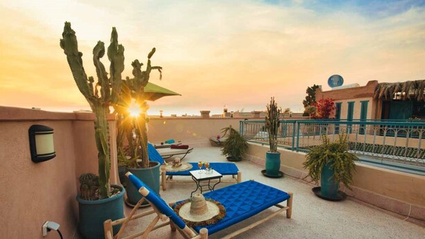 A rooftop terrace with lounge chairs, a cactus, and a view of the sunset. - Riad Ambre et Jasmin (Marrakech)
