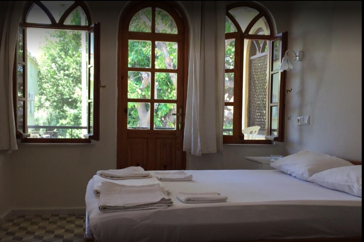 A room with a bed, a window with a view of trees, and a door with a window.