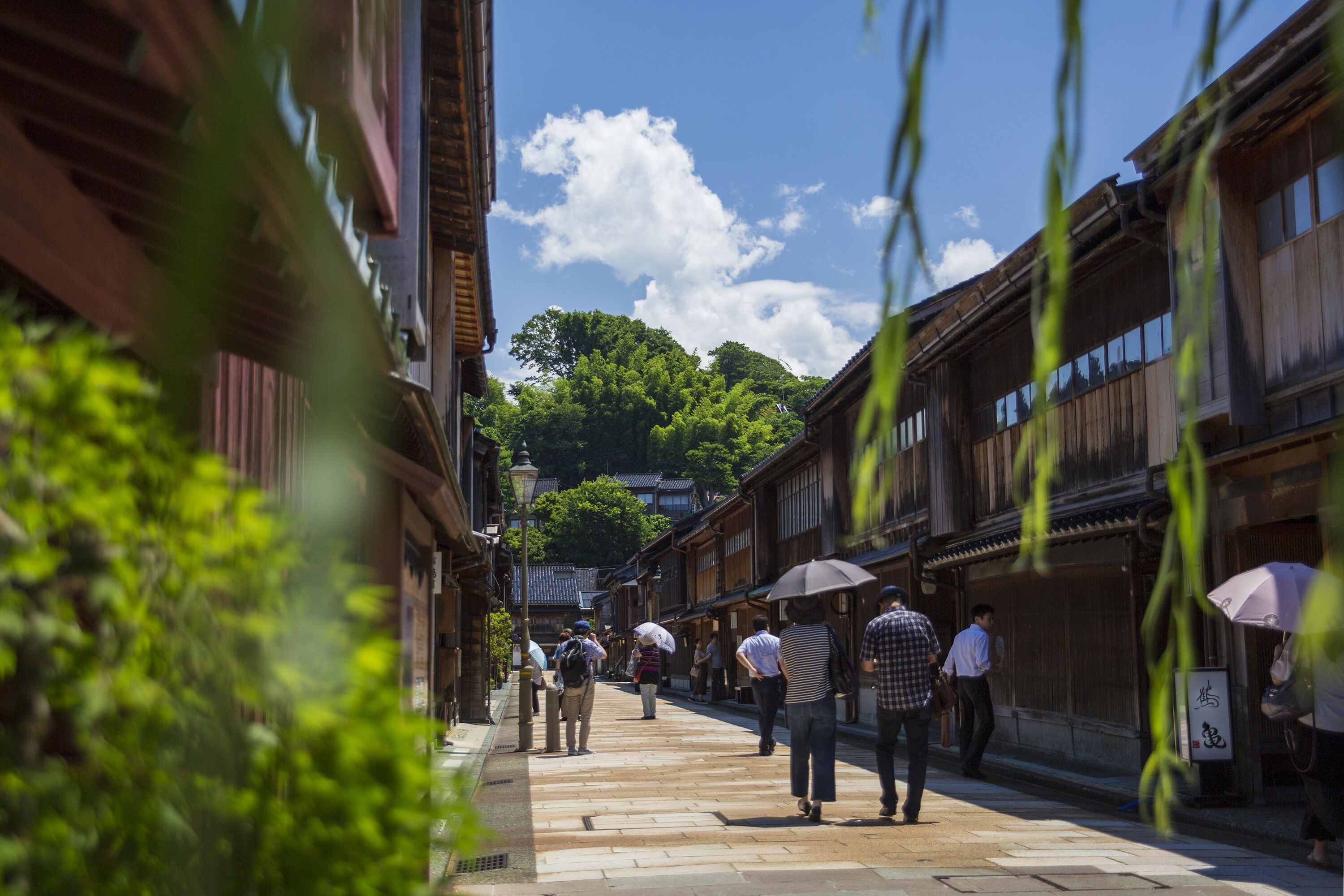 A narrow street with traditional wooden buildings, a clear sky, and people walking.