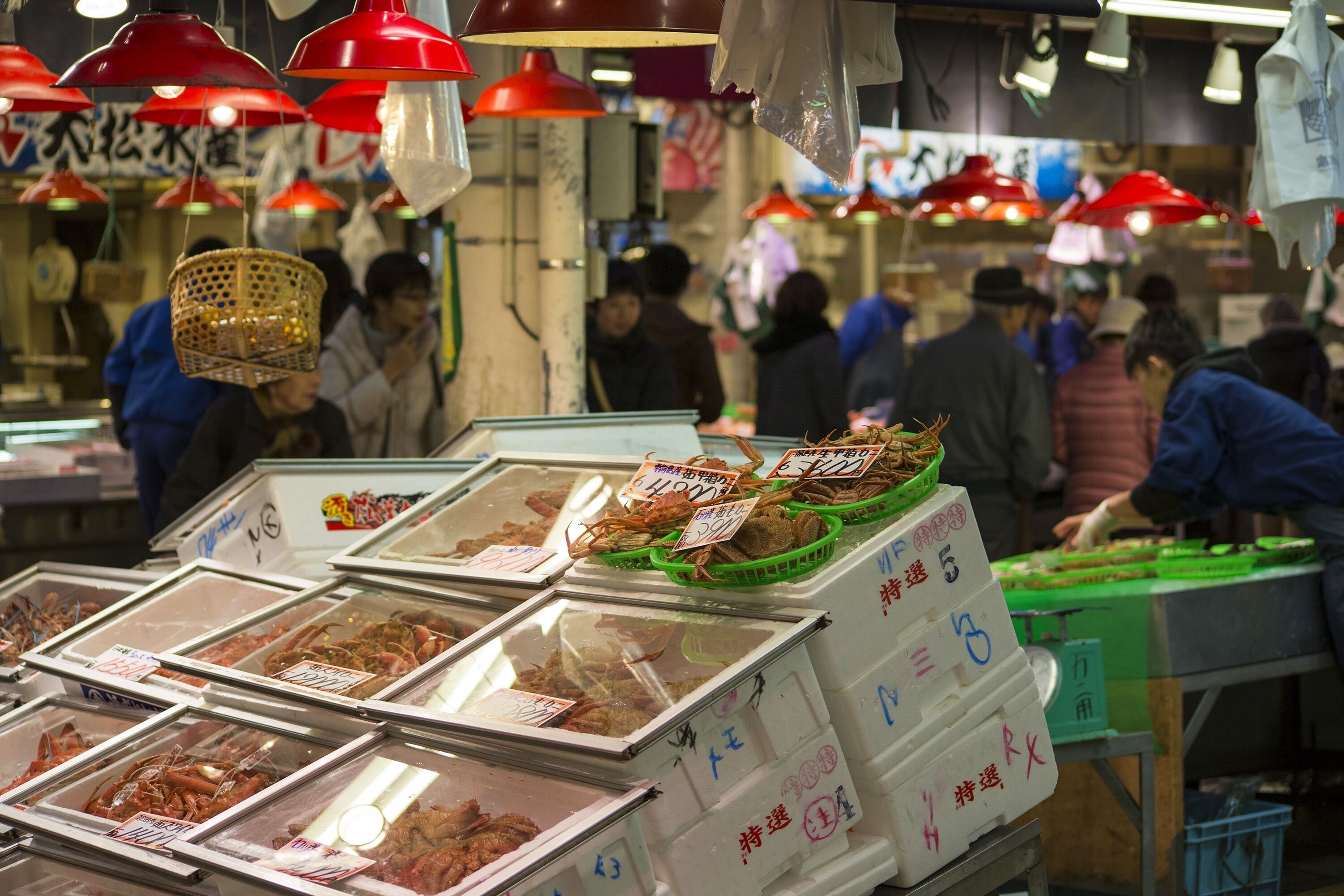 Un mercado de mariscos con vitrinas de vidrio que exhiben diferentes tipos de productos del mar.