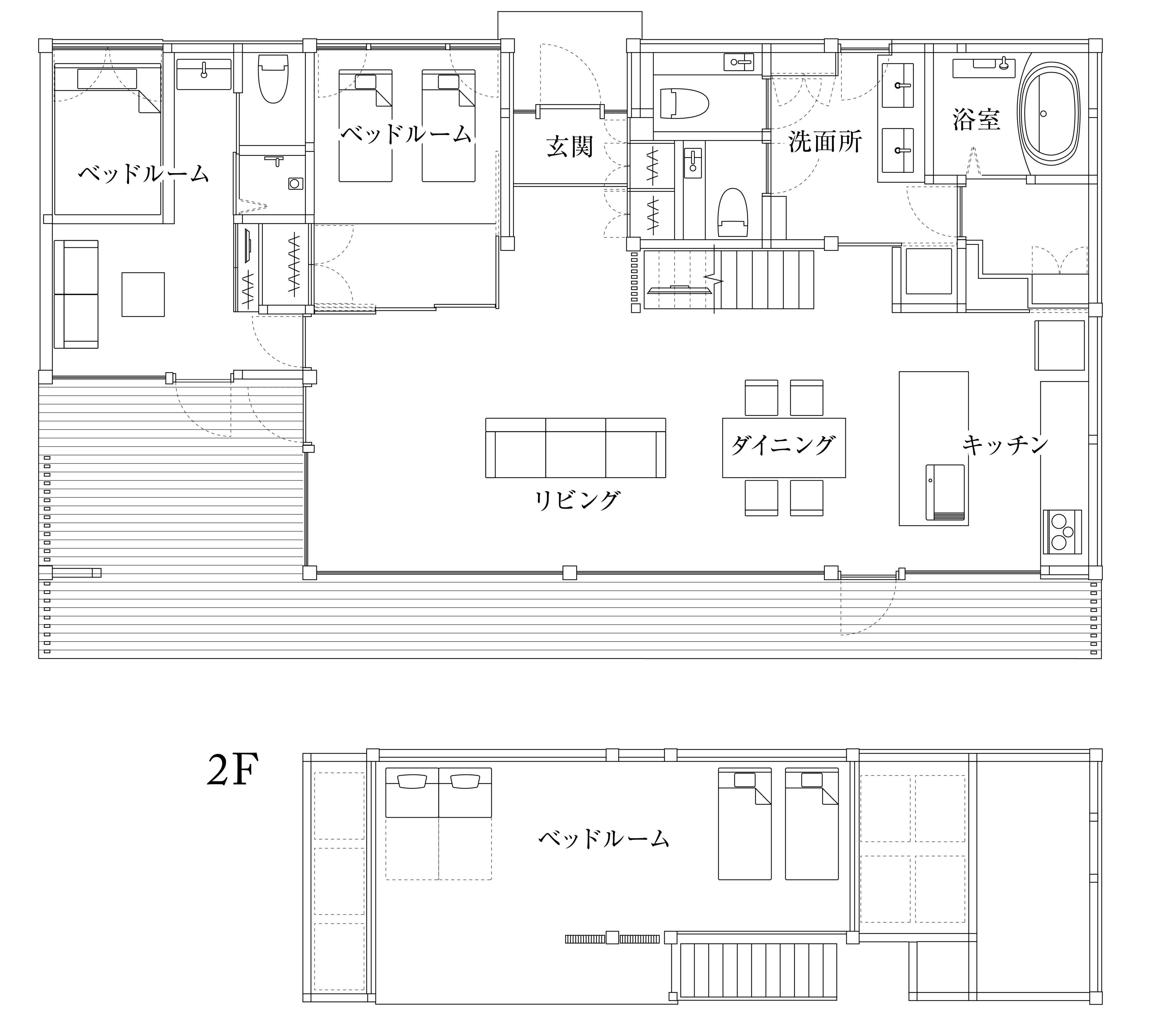 En planritning över ett hotellrum med sovrum, badrum, matplats, kök och vardagsrum.