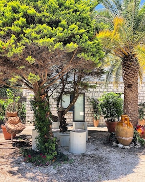 A garden area with a large tree, outdoor seating, and potted plants.