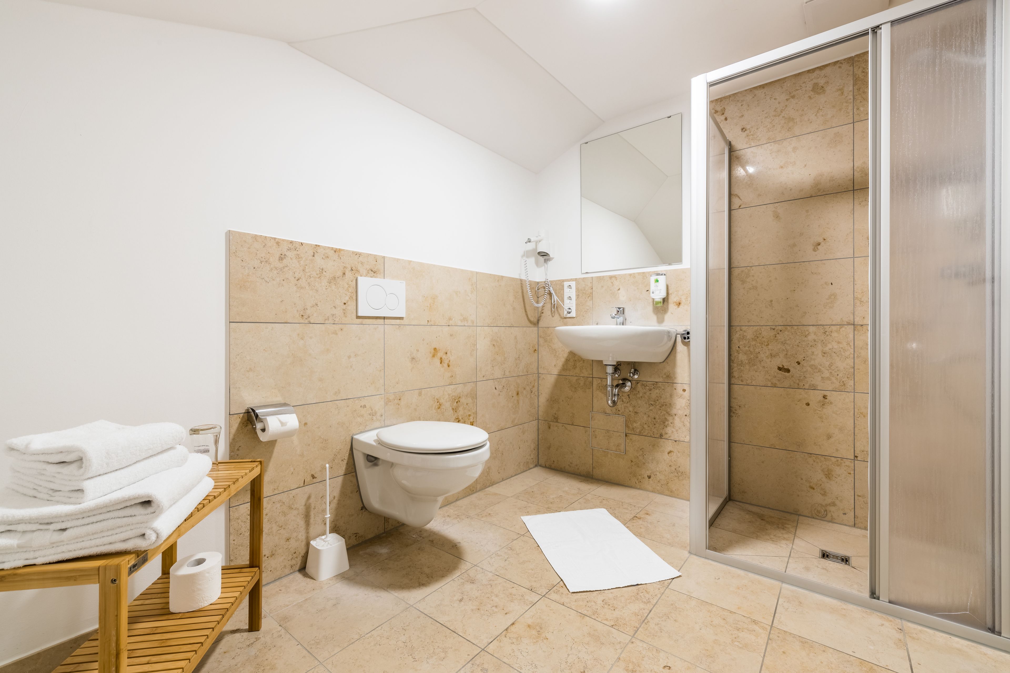 superior double or twin room | bathroom | shower, hair dryer, towels, soap