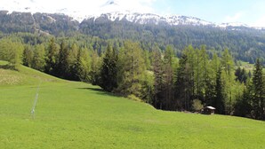 A green field with a small cabin and a mountain range in the background. - Charming Apartment in Val-Cenis: Ski-In/Ski-Out, Terrace, 4 Guests, Renovated (Lanslevillard)