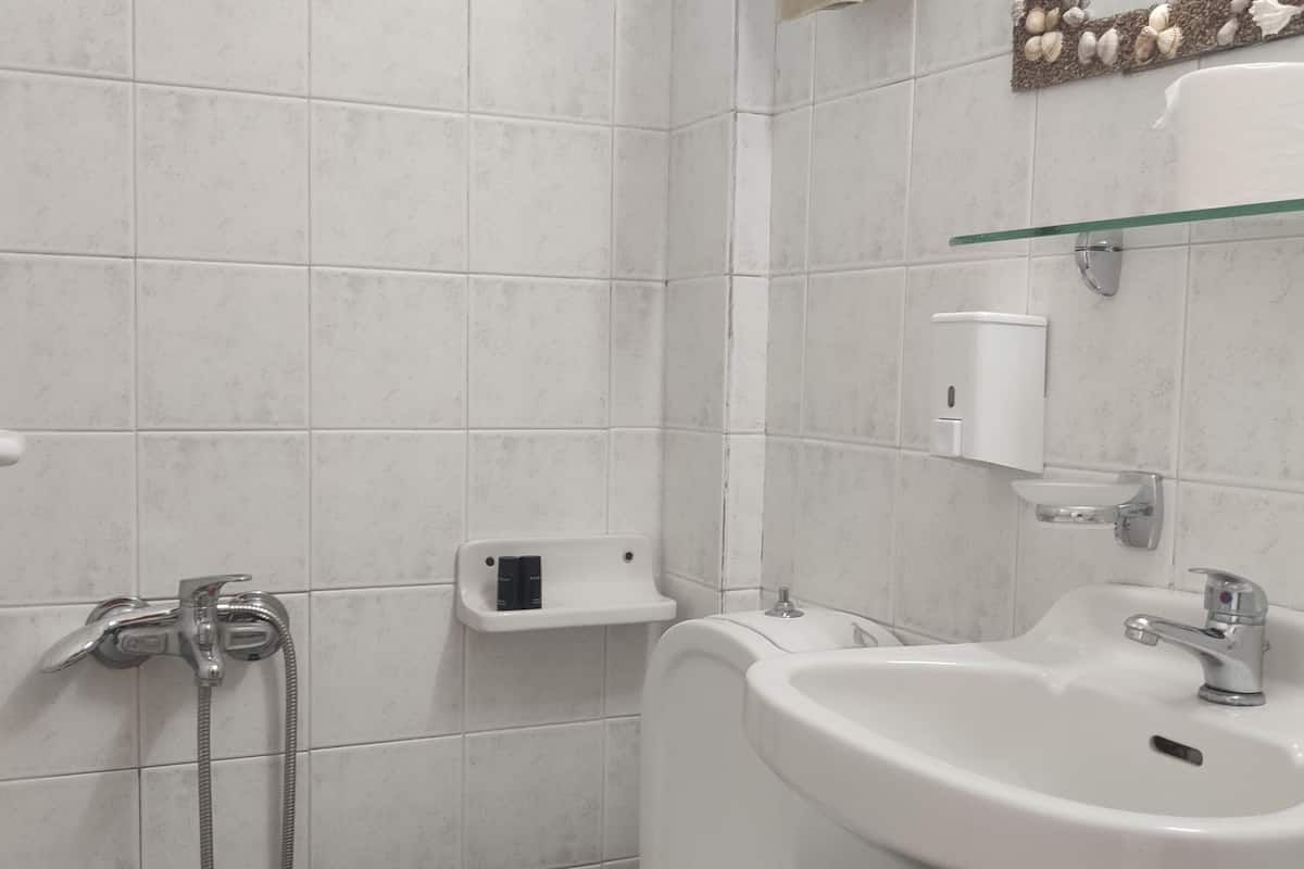 basic room | bathroom | shower, hair dryer, towels, soap