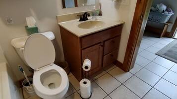 Een badkamer met toilet, wastafel en toiletpapierhouder.