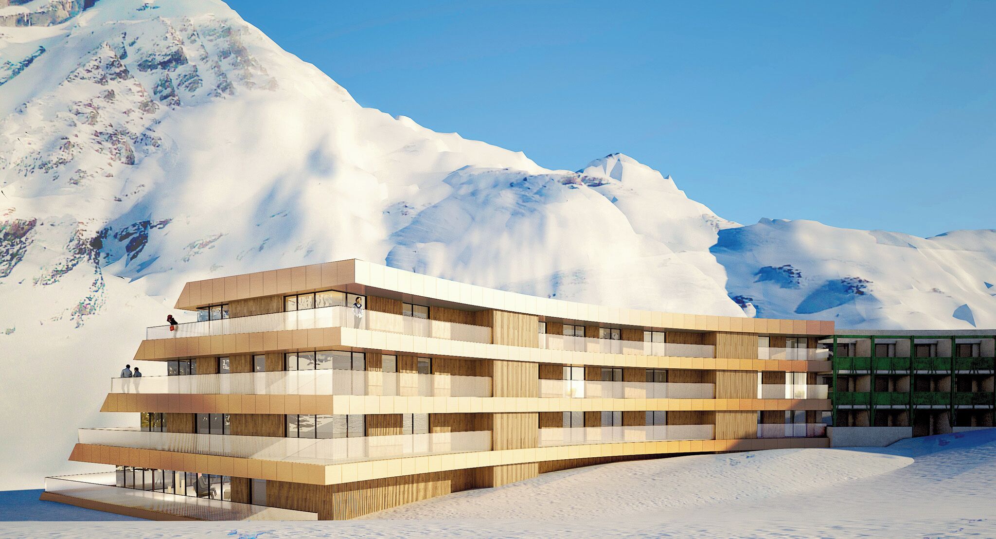 Um hotel de vários andares com design moderno, com varandas e janelas amplas, com uma paisagem de montanhas nevadas ao fundo.