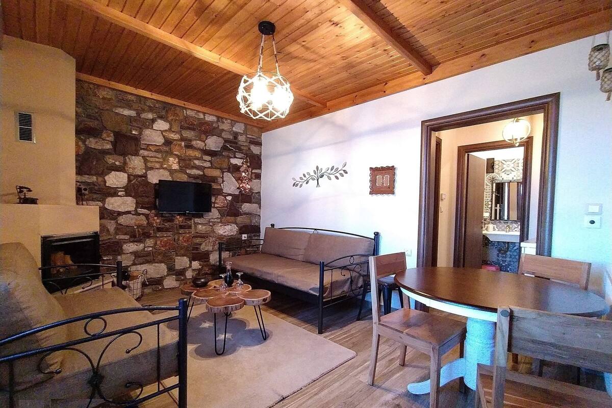 A cozy living room with a stone wall, a fireplace, a sofa, a dining table with chairs, and a hanging light fixture.