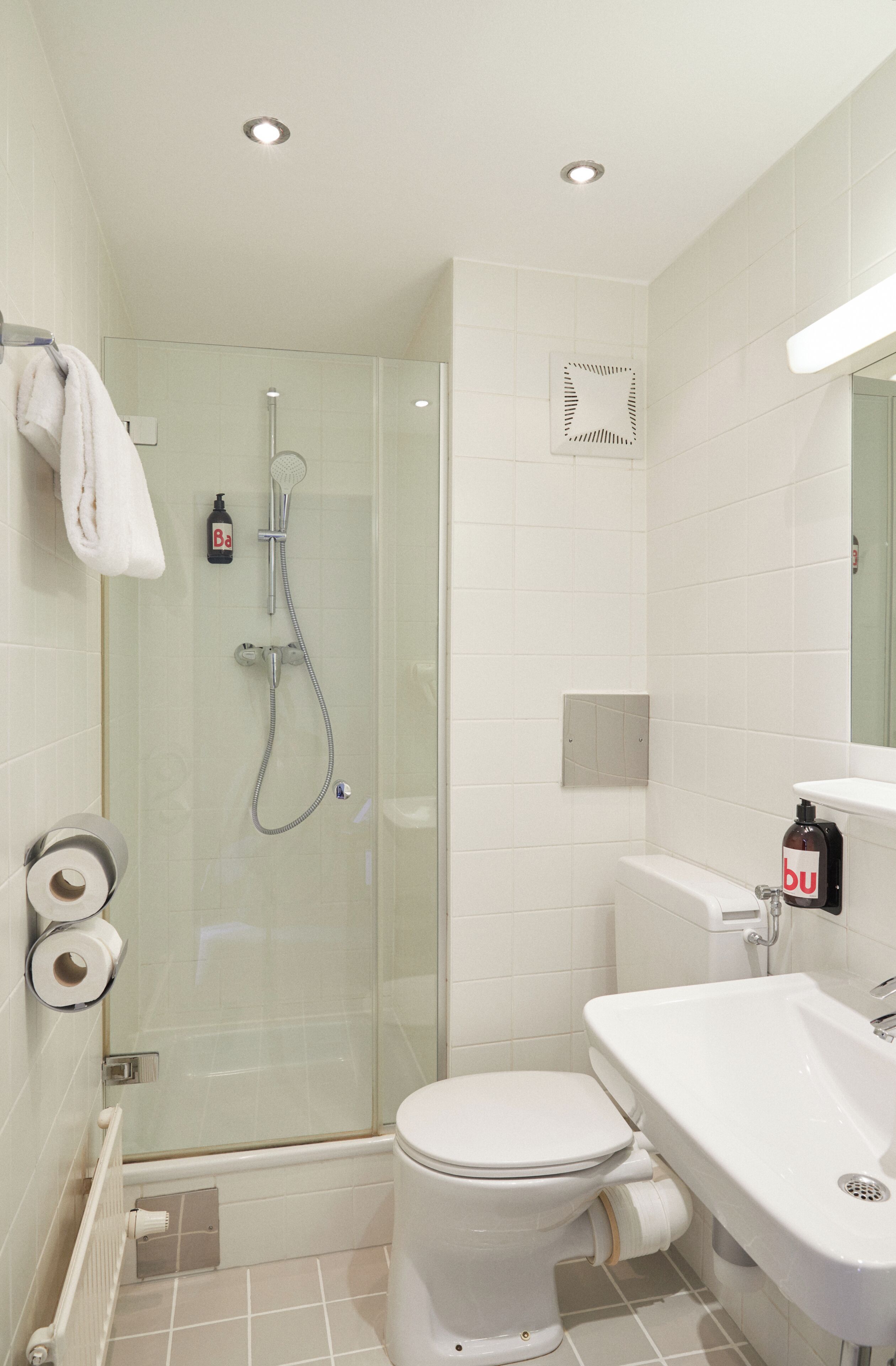 A modern bathroom with a glass-enclosed shower, a white toilet, and a sink with a mirror above it.