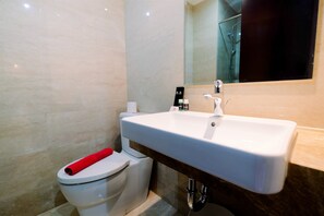 Bathroom features a white toilet, sink, and mirror above a dark countertop.