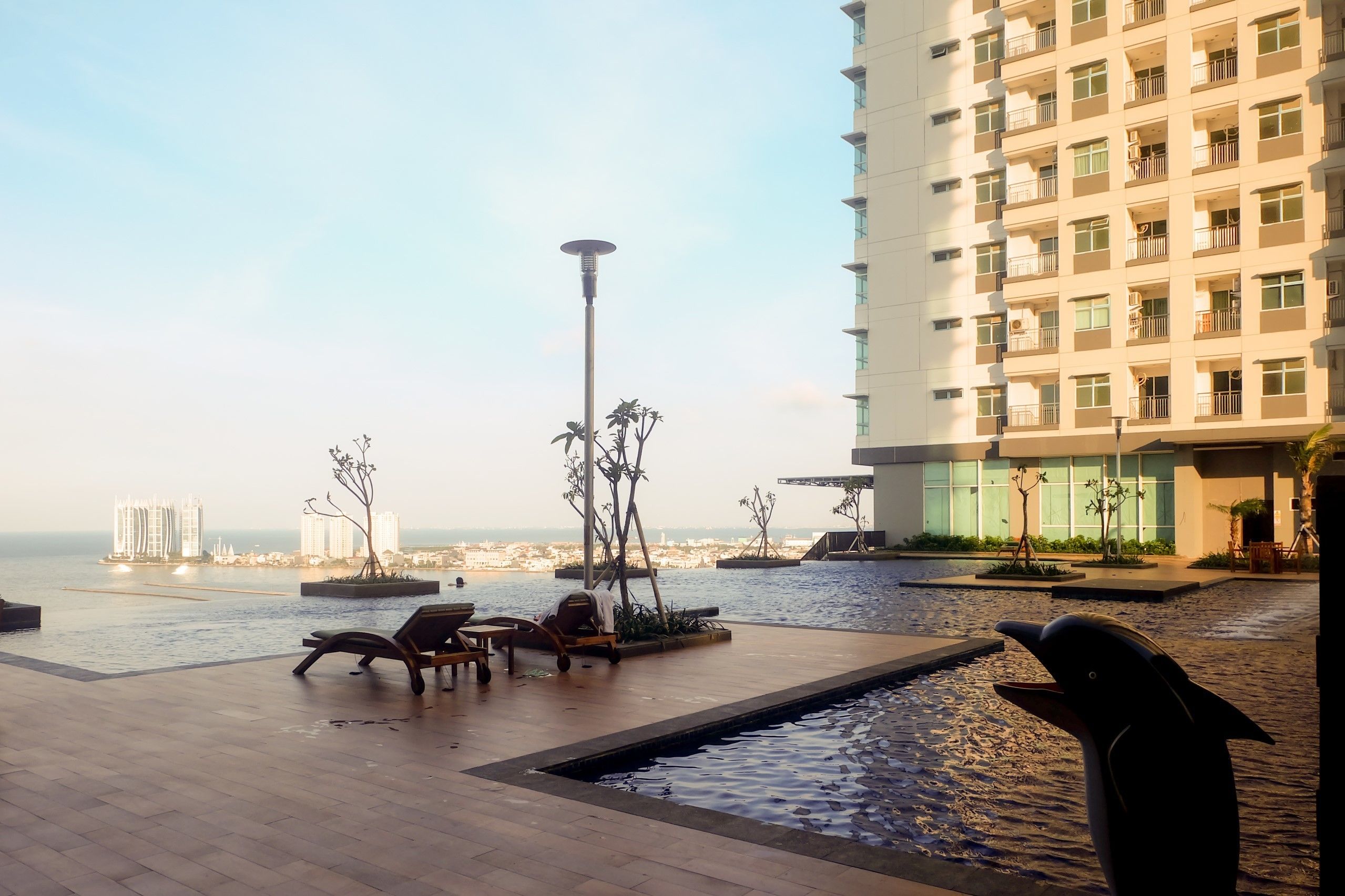 Zona de piscina en la azotea con sillones, una escultura de delfín y vistas al mar y edificios.