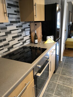 Deluxe Apartment | Private kitchen | Full-size fridge, microwave, oven, stovetop