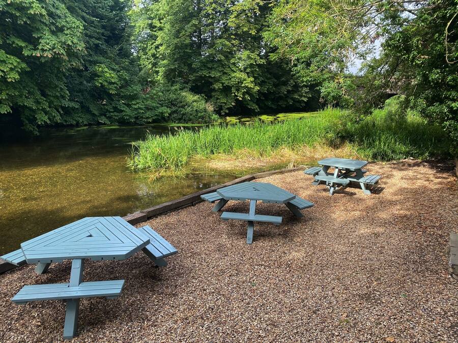 Een picknickplaats met tafels en bankjes bij een vijver, omringd door bomen.