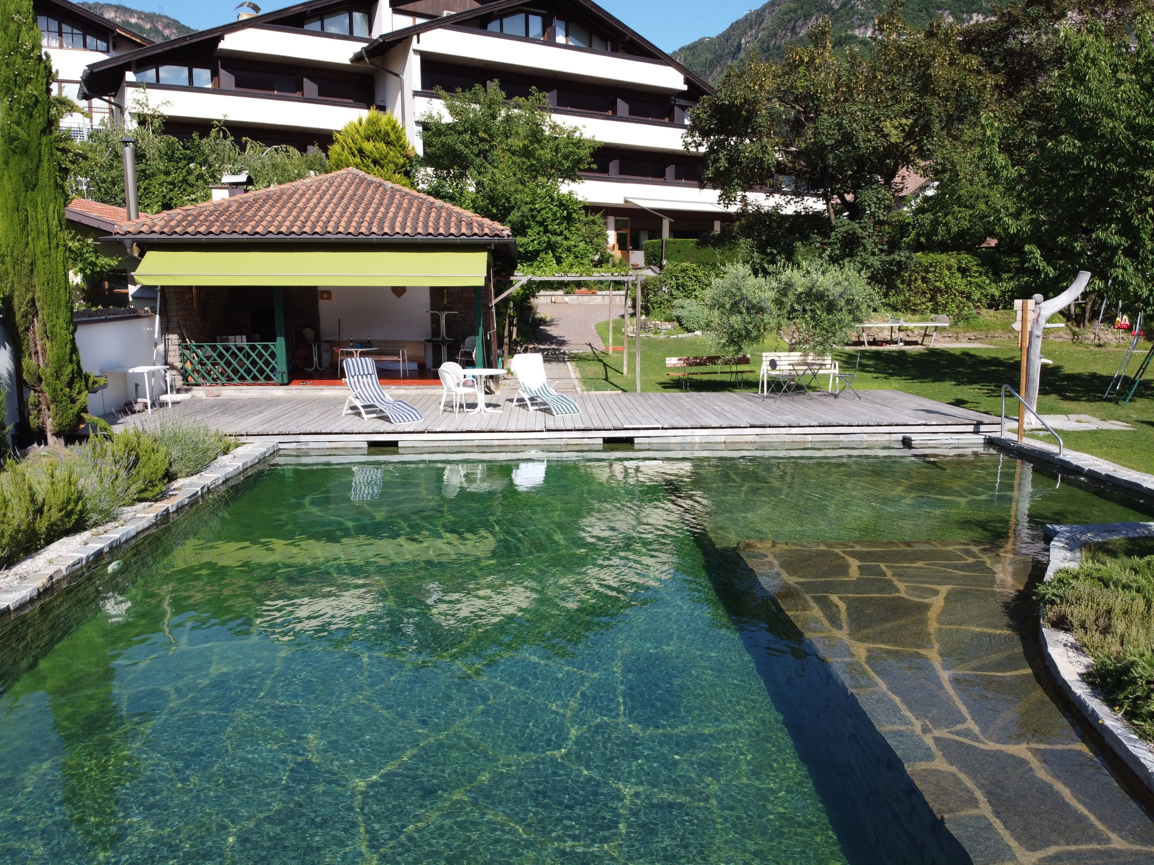A clear swimming pool with lounge chairs and a wooden deck, surrounded by greenery and a building with balconies.