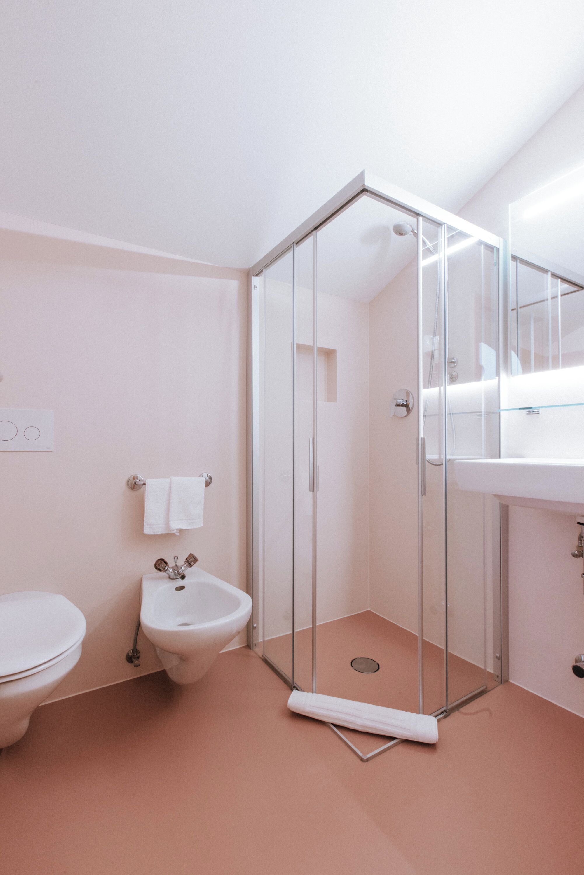 A bathroom with a toilet, bidet, and glass-enclosed shower.