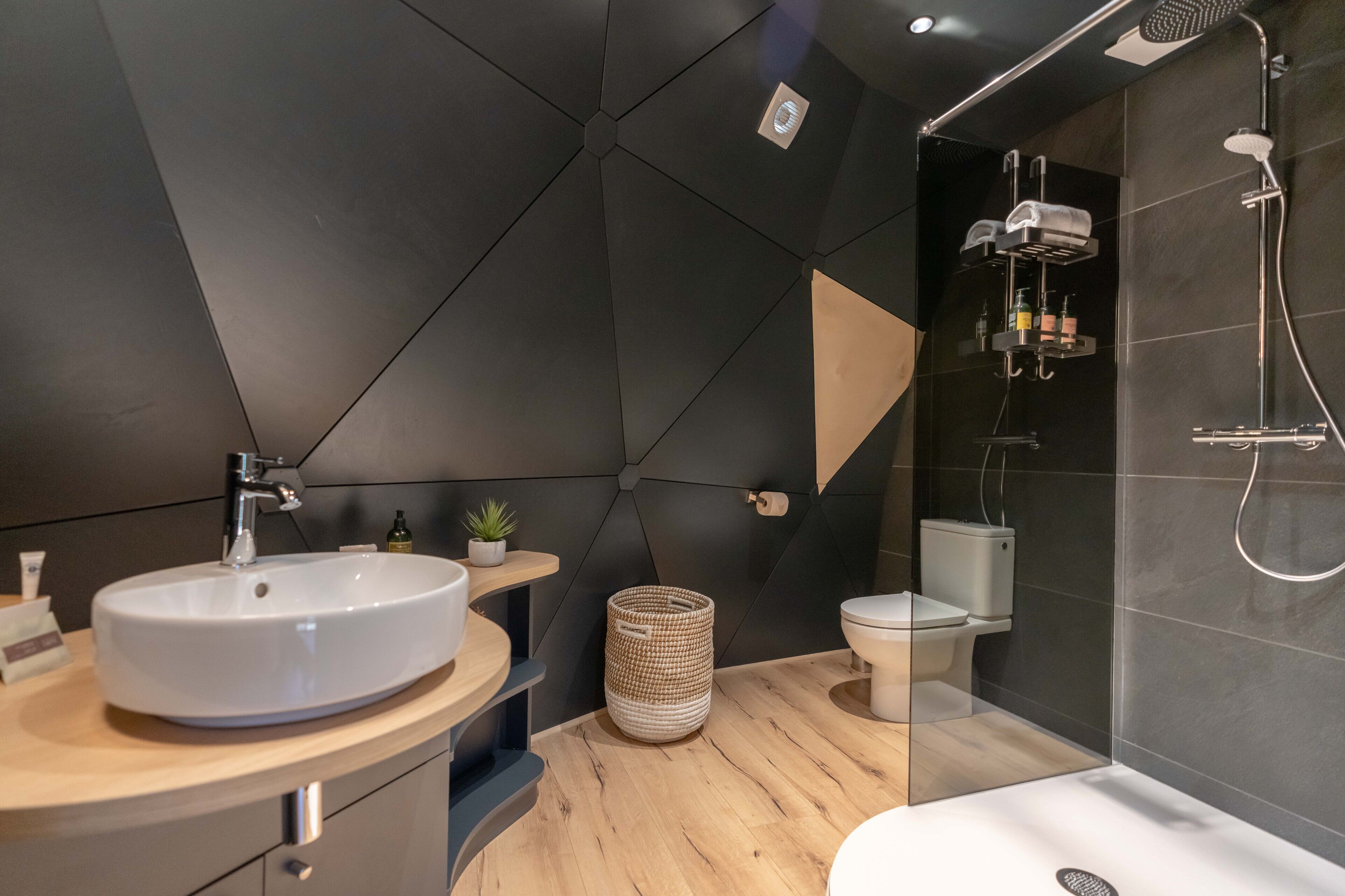A modern bathroom with a large white sink, a toilet, and a shower area.