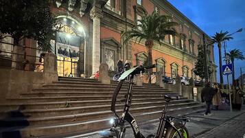 Edificio histórico con arquitectura ornamentada, una bicicleta estacionada al frente y una zona peatonal.