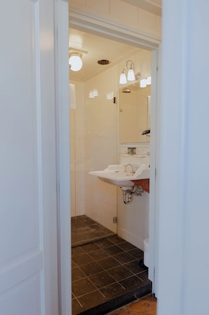 Dusche, Regendusche, umweltfreundliche Kosmetikartikel, Haartrockner