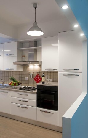 Stort kylskåp, ugn, spishäll och grytor/köksredskap