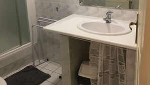 A bathroom with a white sink, a mirror, and a shower area. - Le Palmyre Soleil de l'Amazonie (La Douze)