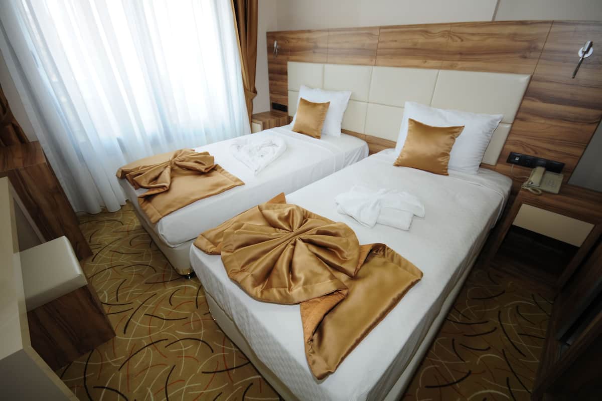 A hotel room with two beds, a wooden headboard, a bedside telephone, and a patterned carpet.