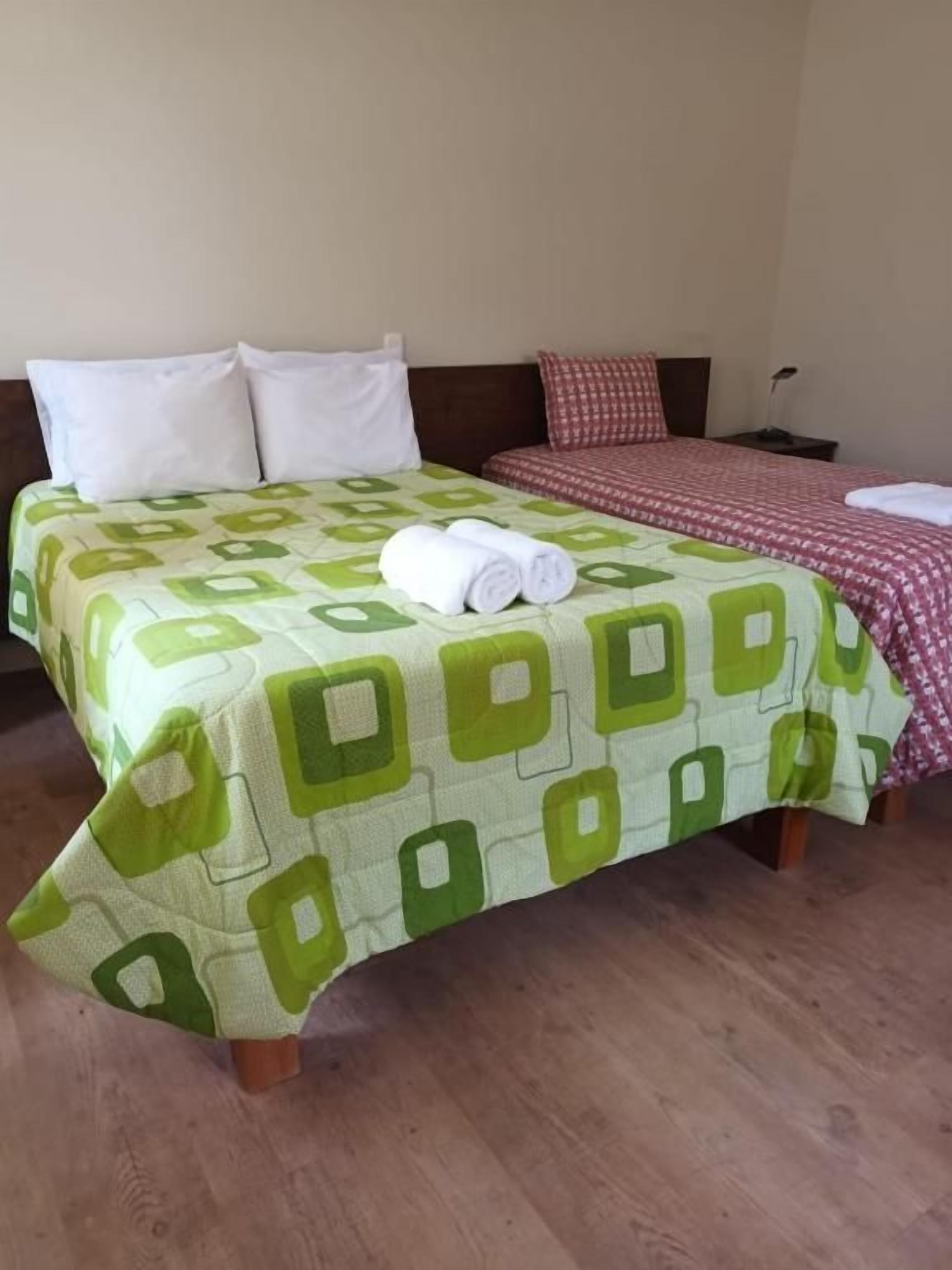 A double bed with a green patterned bedspread and two pillows, a red and white checkered bedspread, and a wooden nightstand with a lamp.
