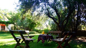 A picnic setup with two wooden benches and a table, surrounded by lush greenery and trees. - Rincón de la Finca (Luján de Cuyo)
