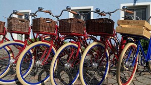 A row of vintage bicycles with wicker baskets and a wooden box labeled "BRAVE CLASSICS" on the right. - ApartHotel Rose Ellwangen (Ellwangen)