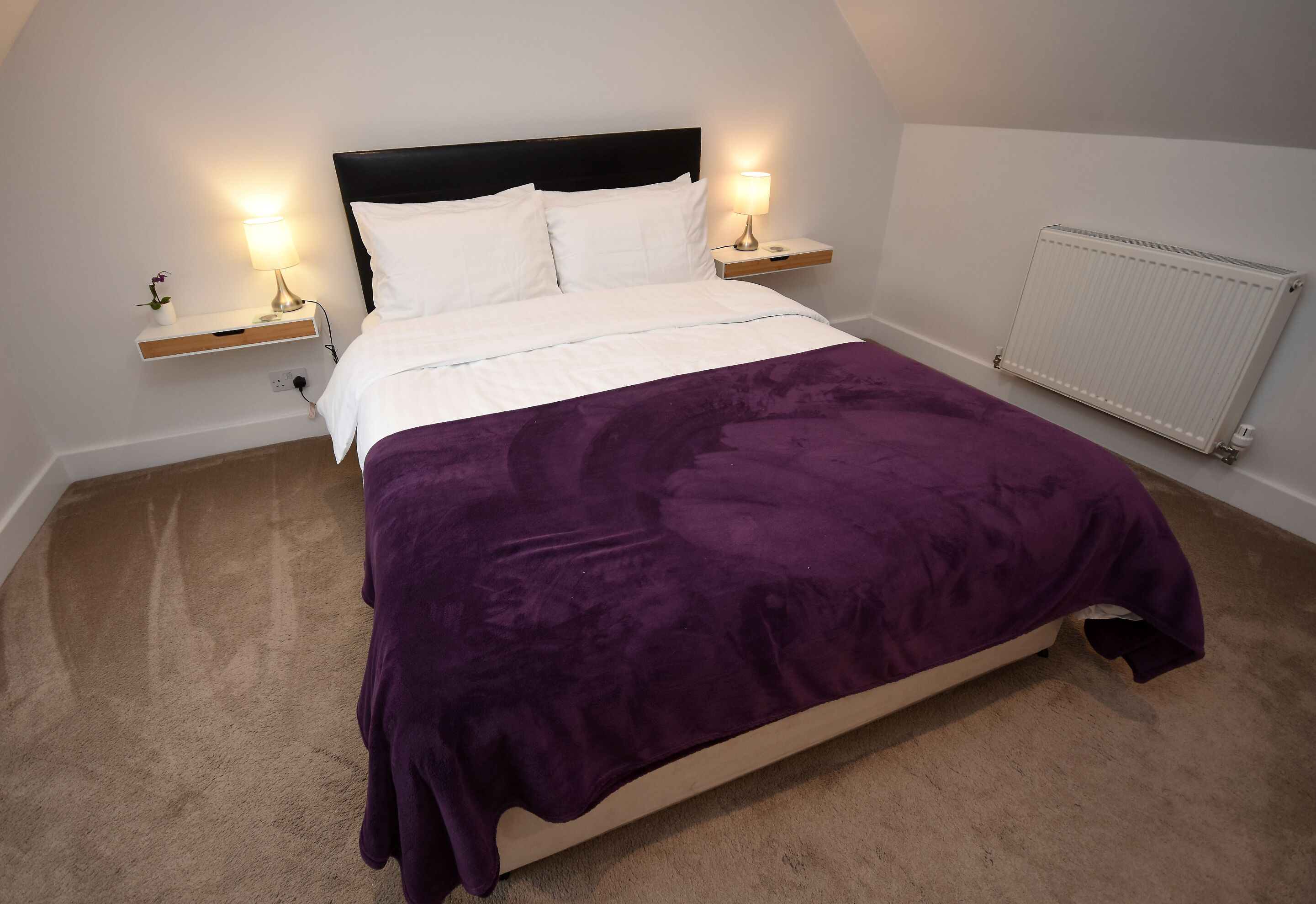 A neatly made bed with a purple blanket, two bedside lamps, and a white bedside table with a small plant.
