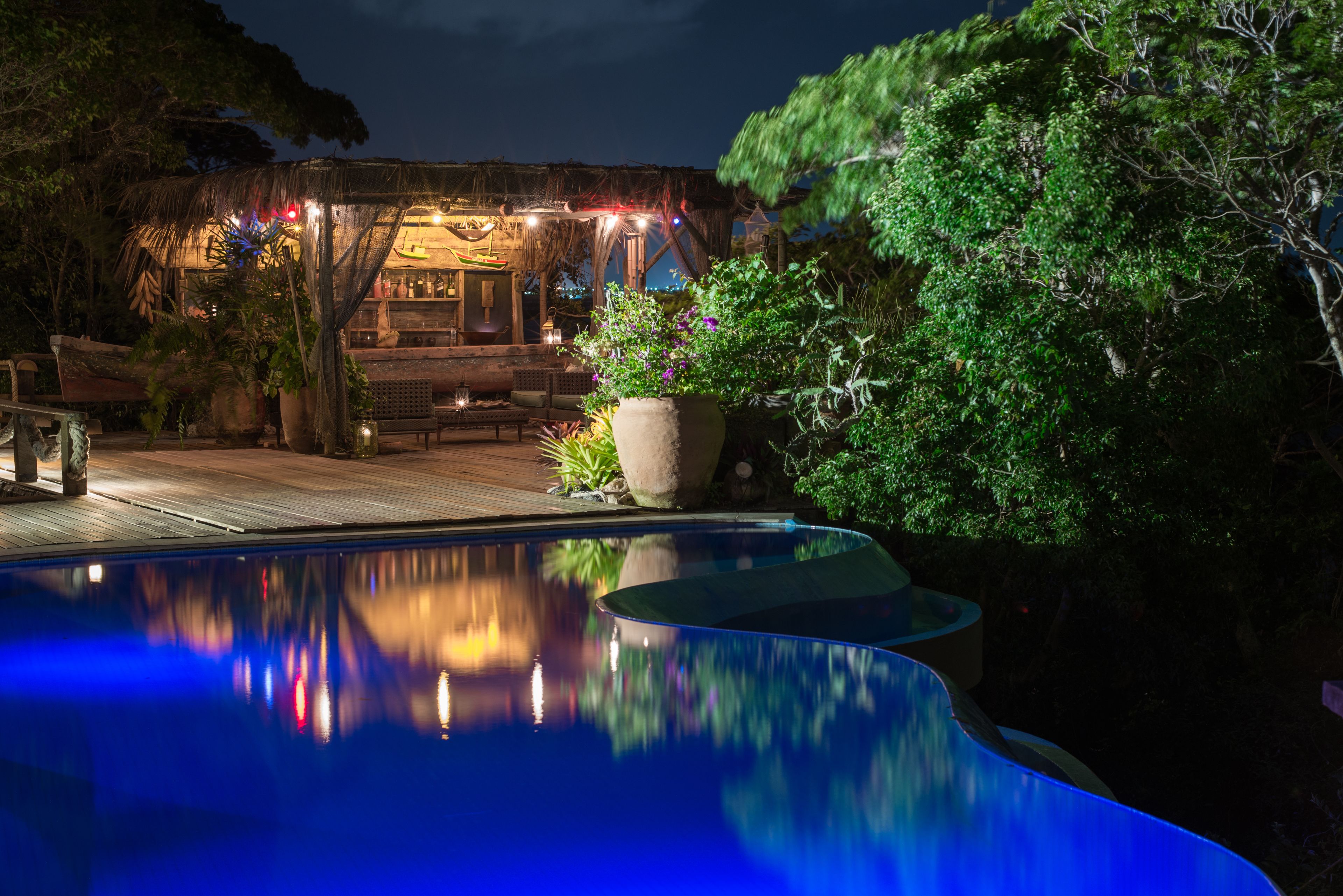 A pool area with a thatched-roof structure and potted plants.