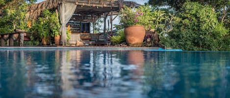 Piscine extérieure, chaises longues