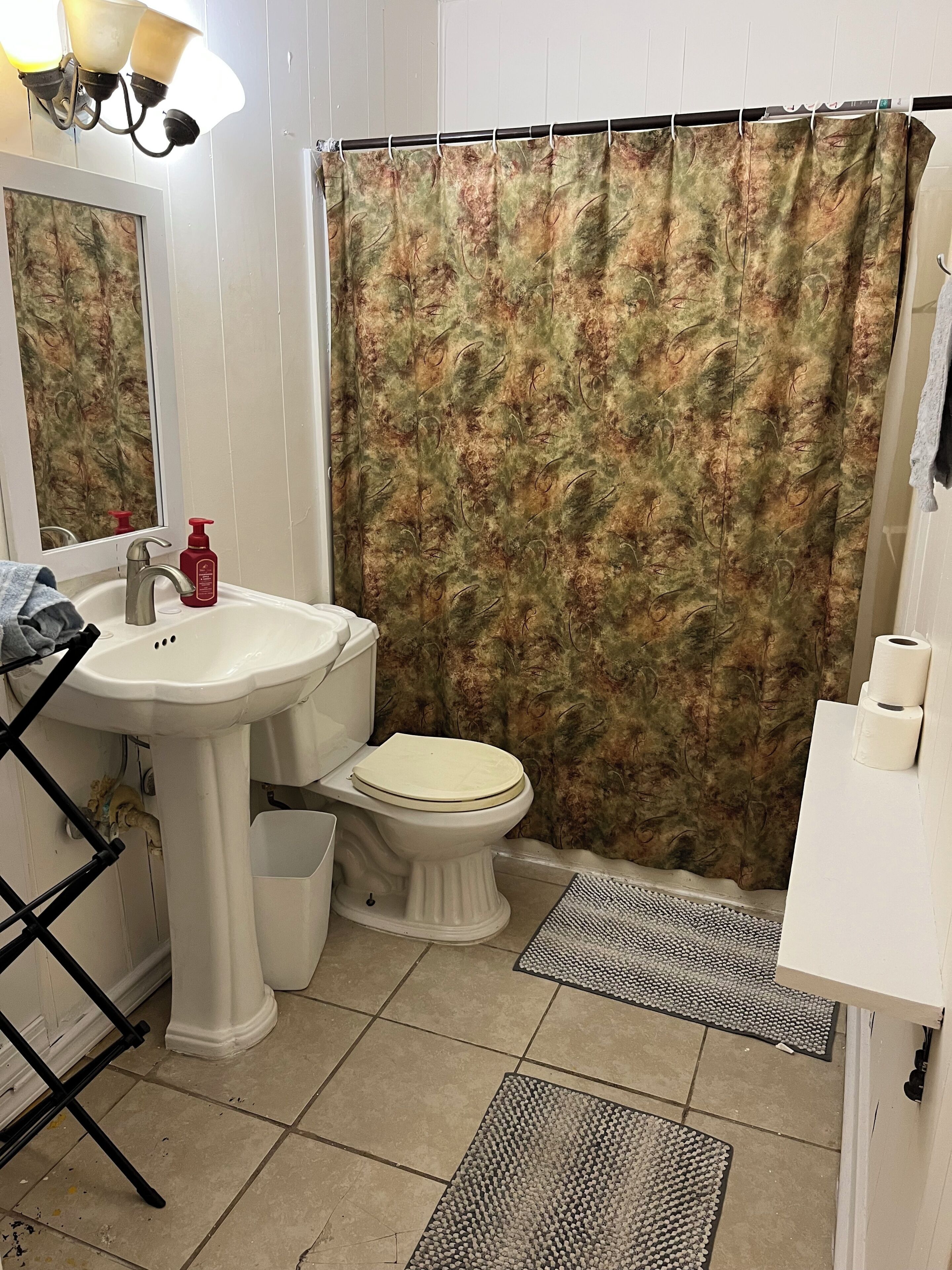 Ein Badezimmer mit einem weißen Waschbecken, einer Toilette und einer Duschvorhang. Über dem Waschbecken hängt ein Spiegel, und ein Handtuchhalter ist zu sehen.