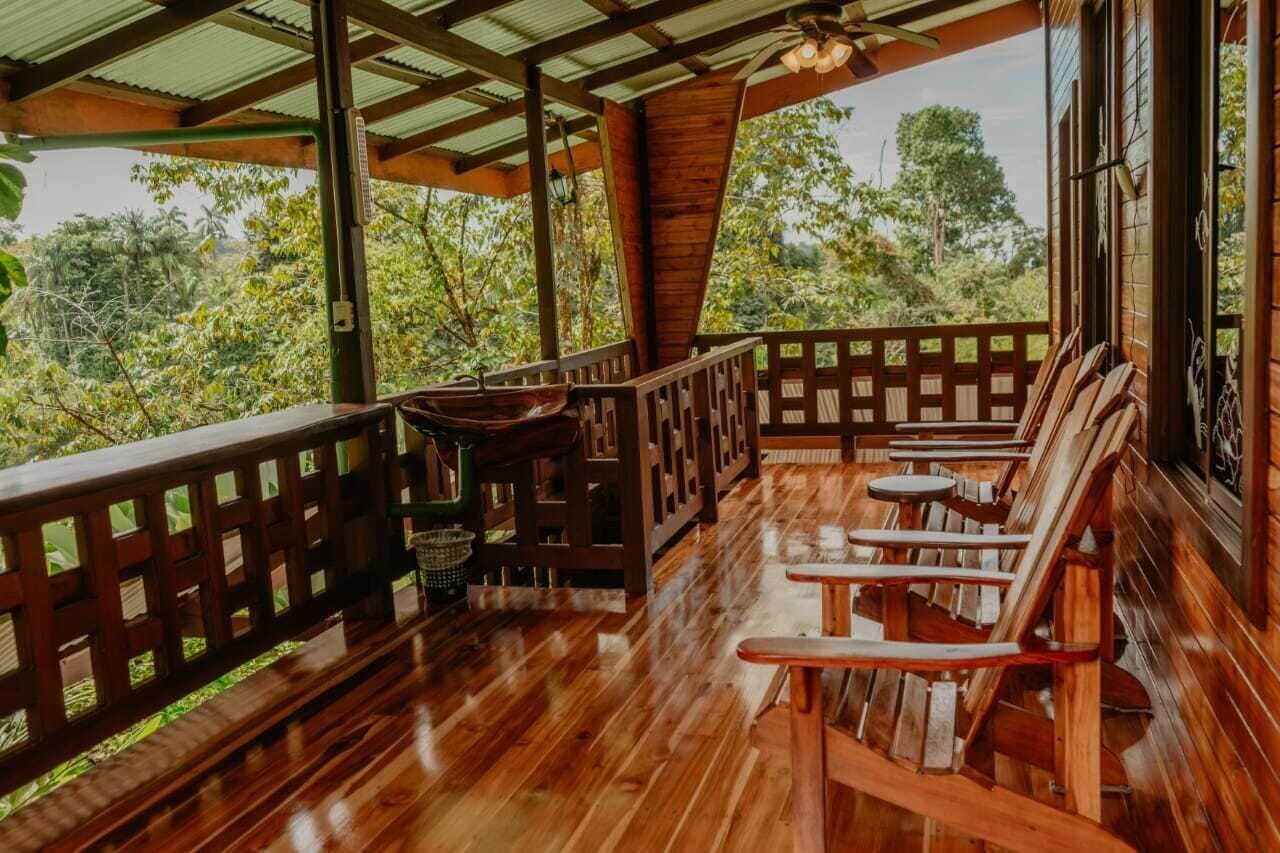 Une terrasse en bois offrant une vue sur une végétation luxuriante, avec des chaises en bois et une petite table.