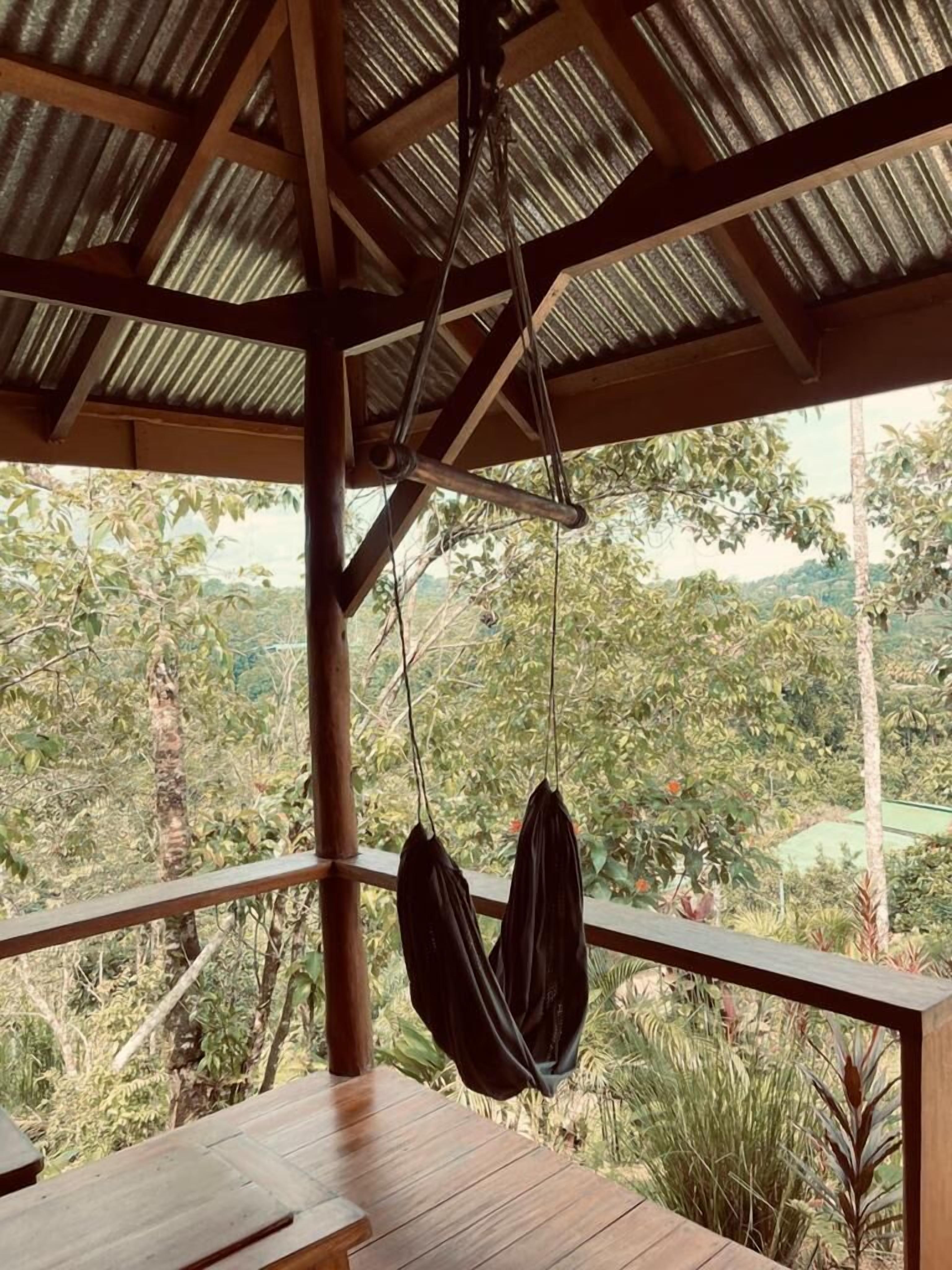 A wooden deck with a hanging hammock overlooking a lush, green landscape.