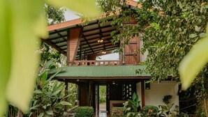Un edifici de fusta rústic amb teulada verda, envoltat de vegetació abundant i una petita piscina.