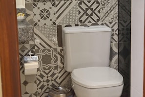 A compact bathroom with a toilet, toilet paper dispenser, and trash can.