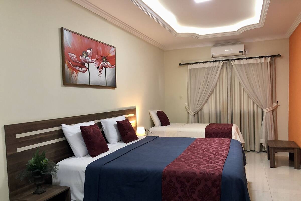 A hotel room with two beds, a nightstand, a potted plant, a painting, and an air conditioning unit.