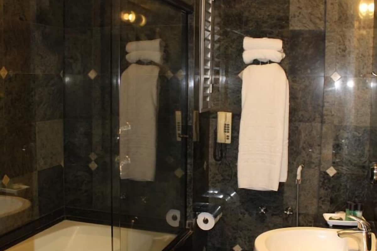 deluxe suite, jetted tub (master) | bathroom | hair dryer, bathrobes, slippers, bidet