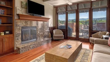 Televisión, chimenea, libros