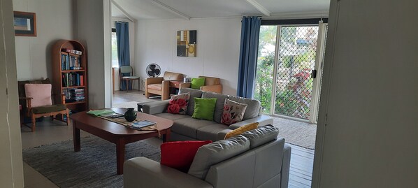 Smart TV, DVD player, books, video library