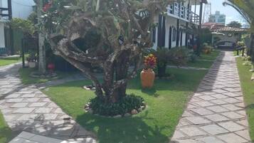 A garden pathway leading to a building with a white facade and black trim.
