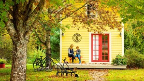A yellow cottage with a red door, a sign with a logo, and a tree in the foreground.