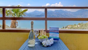 Una mesa con botella de vino, copas, una fuente de uvas y un folleto, frente a una vista panorámica de montañas.