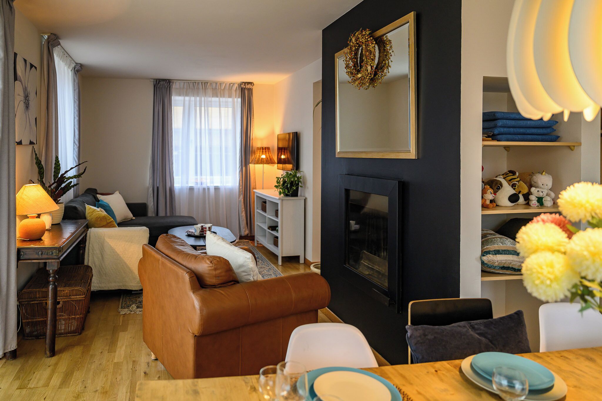 Smart TV, fireplace, books